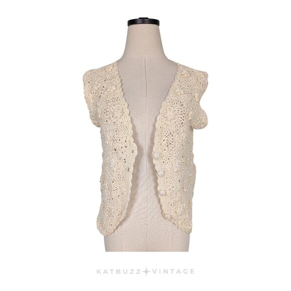 Vintage Jackets & Blazers - Crochet Sweater Vest M Cream Floral Boho Vintage 90s Grunge Cottage Handmade
